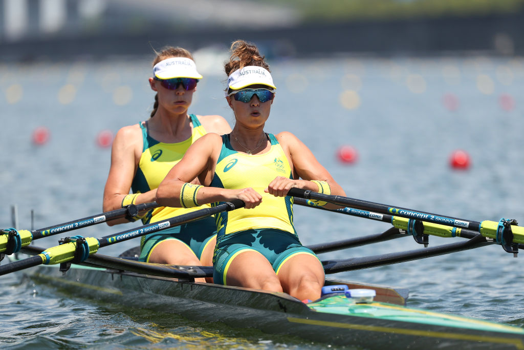 TOKYO, JAPAN - JULY 25:  Amanda Bateman and Tara Rigney of Team Australia compete during the Women
