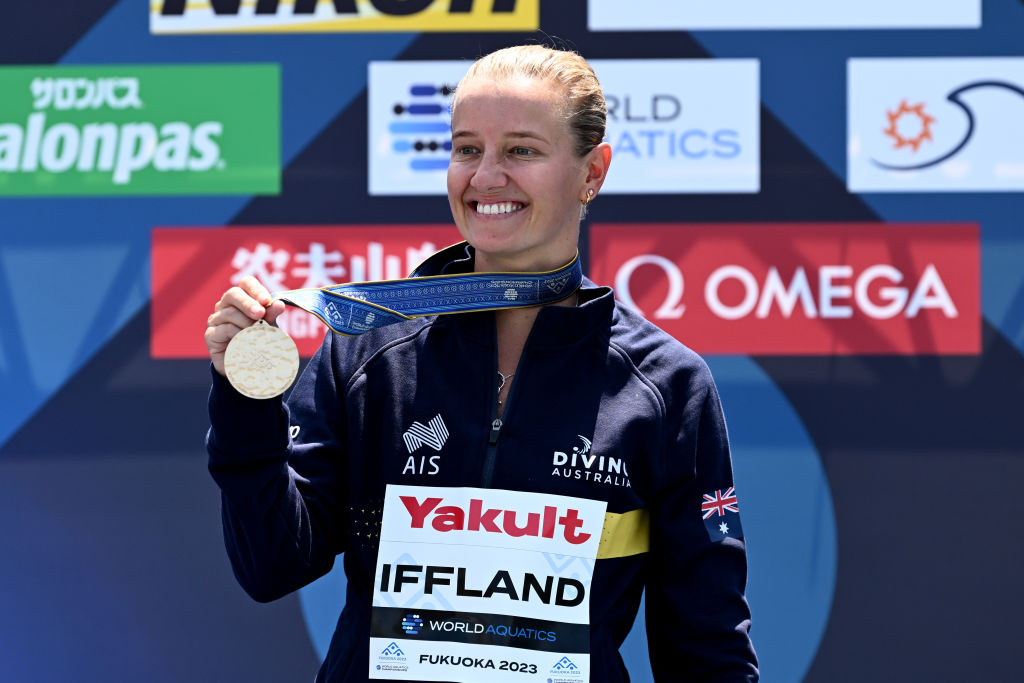 FUKUOKA, JAPAN - JULY 26: Gold medalist Rhiannan Iffland of Team Australia celebrates during the medal ceremony for the Women’s High Diving on day two of the Fukuoka 2023 World Aquatics Championships at Seaside Momochi Beach Park on July 26, 2023 in Fukuoka, Japan. (Photo by Quinn Rooney/Getty Images)