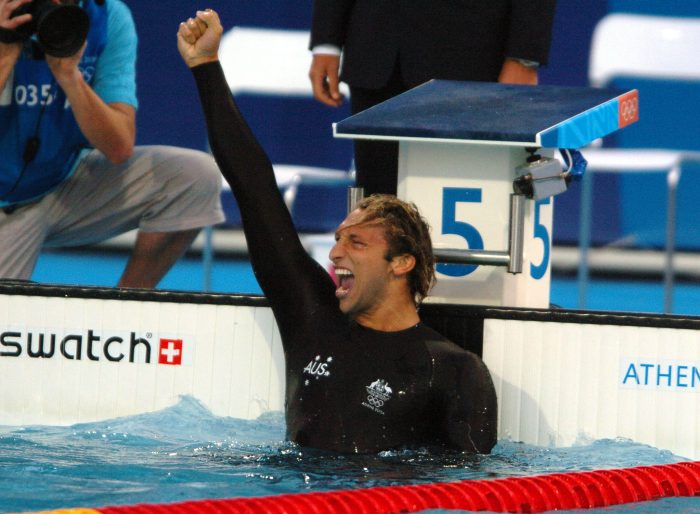 UNSPECIFIED - AUGUST 17: Australia's Ian Thorpe celebrates his gold medal win in the Mens 200 metre freestyle final at the Olympic Aquatic Centre in the Olympic Games in Athens , Greece, Monday August 16th, 2004. (Photo by Phil Walter/Getty Images)