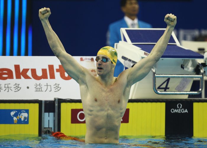 SHANGHAI, CHINA - JULY 28: James Magnussen of Australia celebrates the gold medal in the Men's 100m Freestyle Final during Day Thirteen of the 14th FINA World Championships at the Oriental Sports Center on July 28, 2011 in Shanghai, China. (Photo by Quinn Rooney/Getty Images)