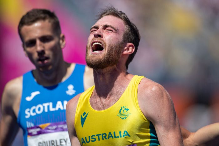BIRMINGHAM, ENGLAND - AUGUST 6: Oliver Hoare of Australia reacts after winning the gold medal win in the Men's 1500m Final during the Athletics competition at Alexander Stadium during the Birmingham 2022 Commonwealth Games on August 6, 2022, in Birmingham, England. (Photo by Tim Clayton/Corbis via Getty Images)