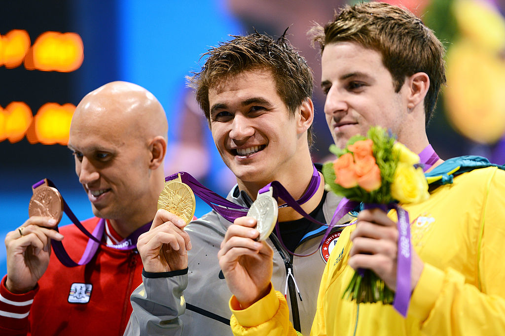 LONDON, ENGLAND - AUGUST 01: (L-R) Bronze medalist Brent Hayden of Canada, gold medalist Nathan Adrian of the United States and silver medalist James Magnussen of Australia pose with their medals during the medal ceremony for the Men's 100m Freestyle on Day 5 of the London 2012 Olympic Games at the Aquatics Centre on August 1, 2012 in London, England. (Photo by Mike Hewitt/Getty Images)