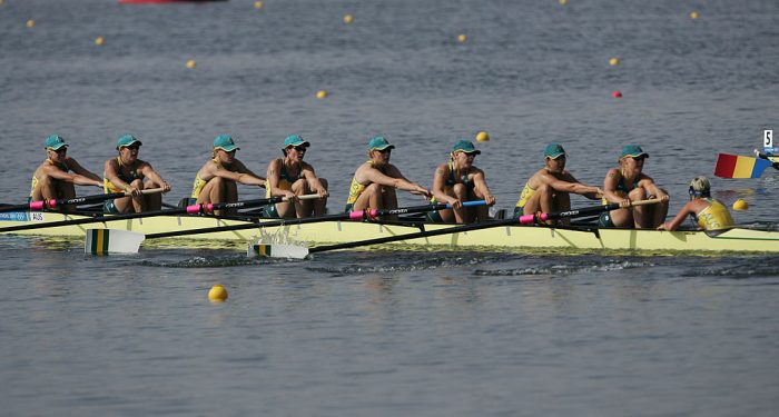 ATHENS - AUGUST 22: (L-R) Sarah Outhwaite, Jodi Winter, Catrina Oliver, Monique Heinke, Julia Wilson, Sally Robins, Vicky Roberts, Kyeena Doyle and Katie Foulkes of Australia compete in the women's eight event on August 22, 2004 during the Athens 2004 Summer Olympic Games at the Schinias Olympic Rowing and Canoeing Centre in Athens, Greece. Robbins (4th from R) laid flat on her back for the final 300m of the race due to what she called being "paralysed with" fatigue, despite the efforts of crew mate Julia Wilson (L of Robbins) to help Robbins up she was unavle to finish the race. (Photo by Doug Pensinger/Getty Images)