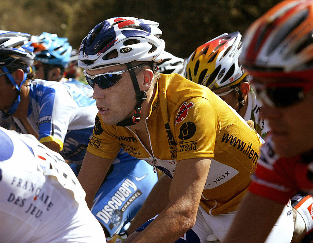 PUERTOLLANO, Spain: Australian's Bradley McGee of La Francaise Des Jeux rides in the pack during the third stage of the Tour of Spain between Cordoba and Puertollano, 29 August 2005. Italy's Alessandro Pettachi of Fassa Bortolo Team won the stage while McGee retained the yellow leader's jersey. AFP PHOTO/ Jaime REINA. (Photo credit should read JAIME REINA/AFP via Getty Images)
