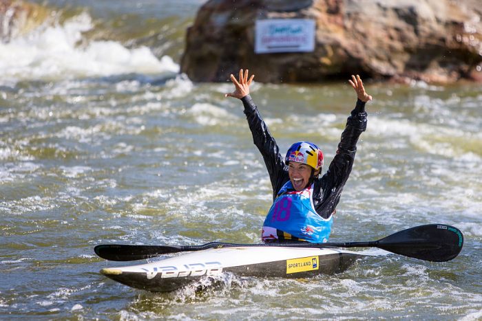 September 21, 2014: Jessica Fox (AUS) celebrates after her winning run, at the Deep Creek 2014 whitewater slalom World Championships at Adventure Sports International Center (ASCI) in McHenry, Maryland, USA. (Photo by John Hefti/Icon Sportswire/Corbis/Icon Sportswire via Getty Images)