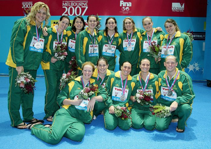 MELBOURNE, AUSTRALIA - MARCH 31: The Australian team celebrate with their silver medals following the Women's Gold Medal Water Polo match between Australia and the United States at the Melbourne Sports & Aquatic Centre during the XII FINA World Championships on March 31, 2007 in Melbourne, Australia. (Photo by Mark Dadswell/Getty Images)