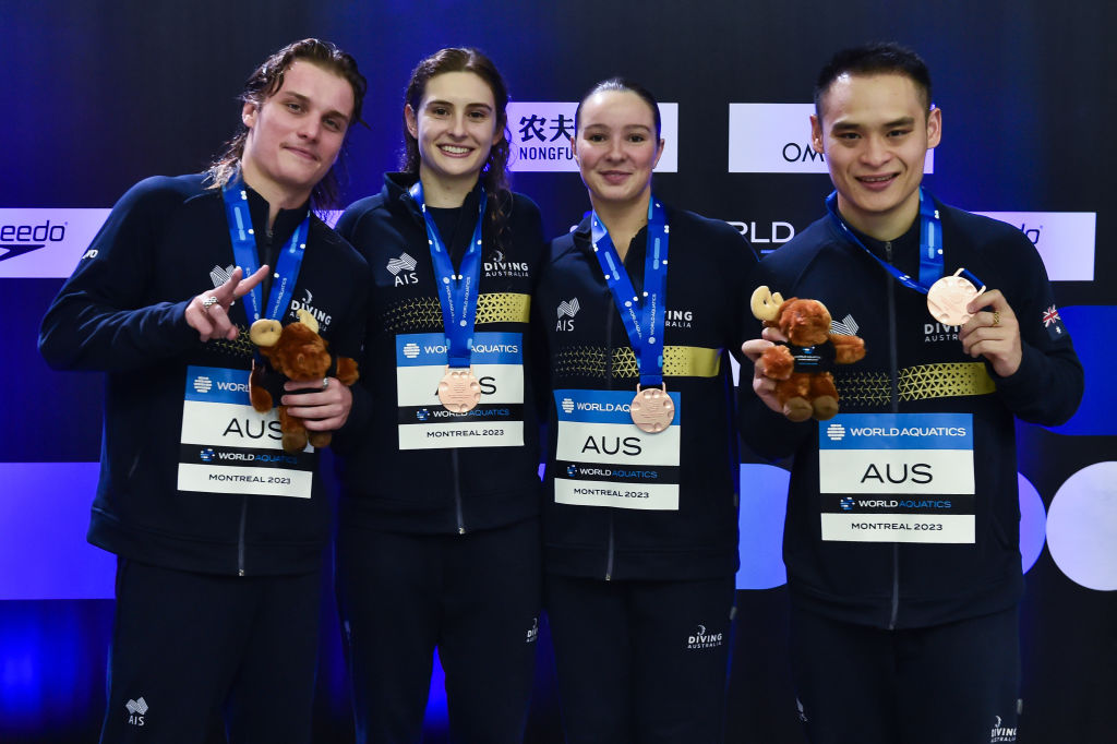 MONTREAL, CANADA - MAY 07: (L-R) Cassiel Rousseau, Maddison Keeney, Nikita Hains and Shixin Li of Team Australia pose with their bronze medals after finishing third in the Mixed Team Event during the World Aquatics Diving World Cup 2023 at the Olympic Park Sports Centre on May 7, 2023 in Montreal, Quebec, Canada. (Photo by Minas Panagiotakis/Getty Images)