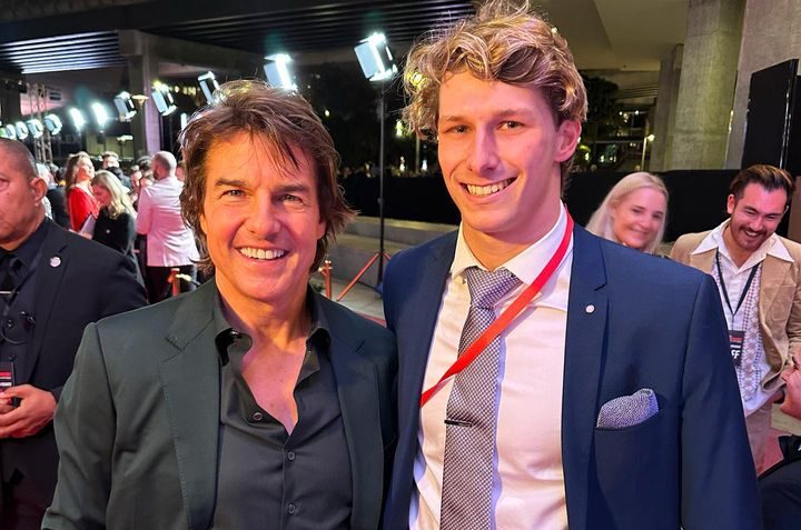 Tom Cruise and Sam Fricker at a movie launch.