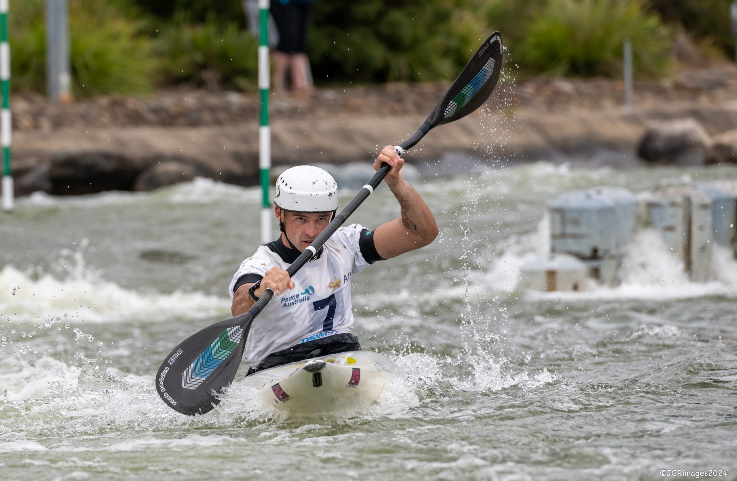 Lucien Delfour wins 2024 Canoe Slalom Australia Open men’s kayak final. Credit: JGRimages-3