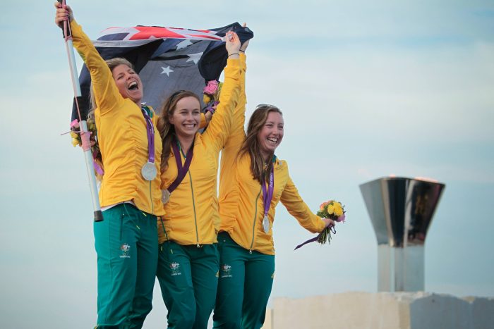 Olivia Price, Nina Curtis and Lucinda Whitty (AUS) who won the Silver Medal today, 11.08.12, in the Medal Race Women's Match Racing (Elliott 6M) event in The London 2012 Olympic Sailing Competition.