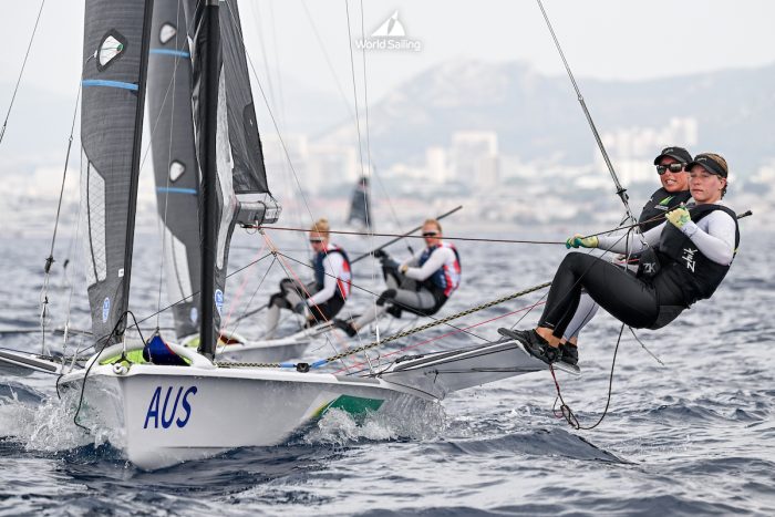 Olivia Price and Evie Haseldine at the Paris 2024 Olympic Sailing Test Event, Marseille, France. Day 4 Race Day on 12th July 2023.