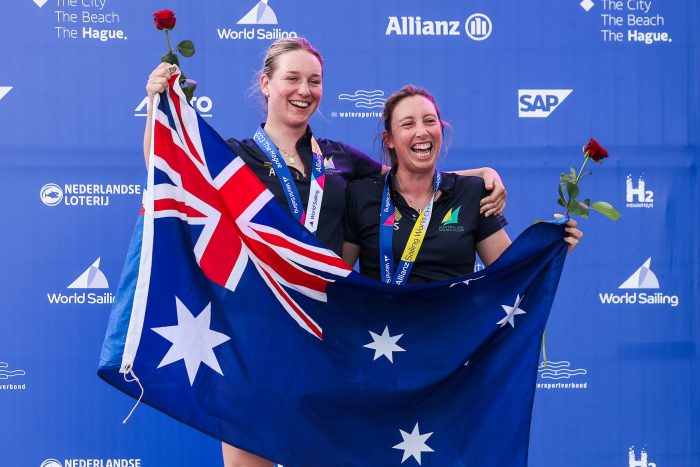 Olivia Price and Evie Haseldine win the bronze medal at the 2023 World Championships.