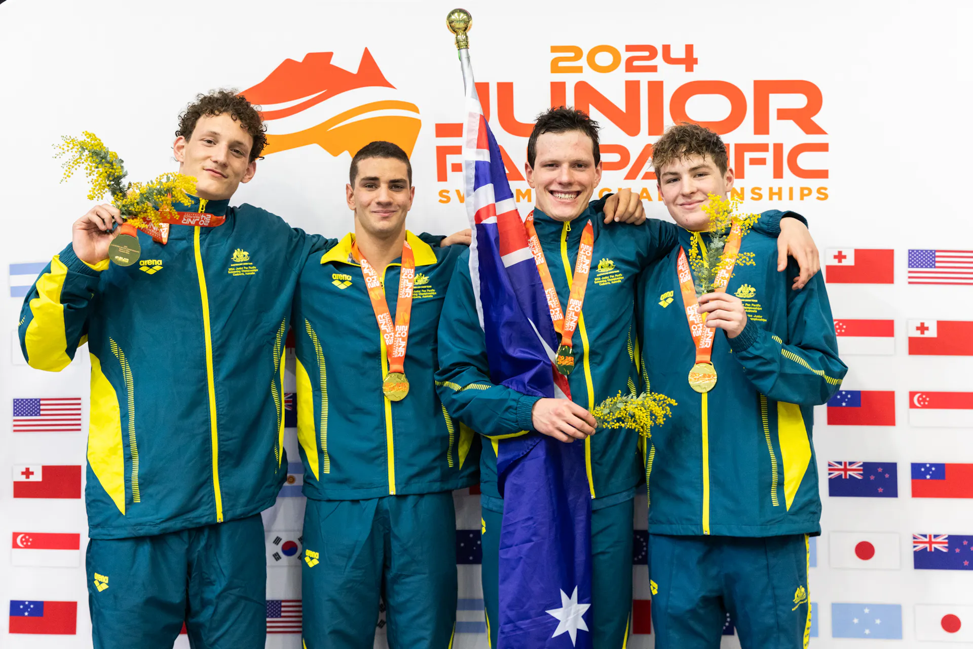4x100m relay team of Josh Conias, Thomas Booth, Xavier Collins and Marcus Da Silva win gold at the 2024 Junior Pan Pacs in Canberra.